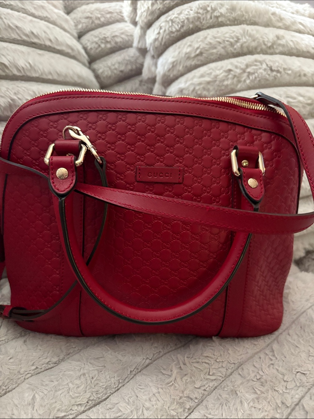 Gucci Red Embossed Leather Satchel with Gold Hardware